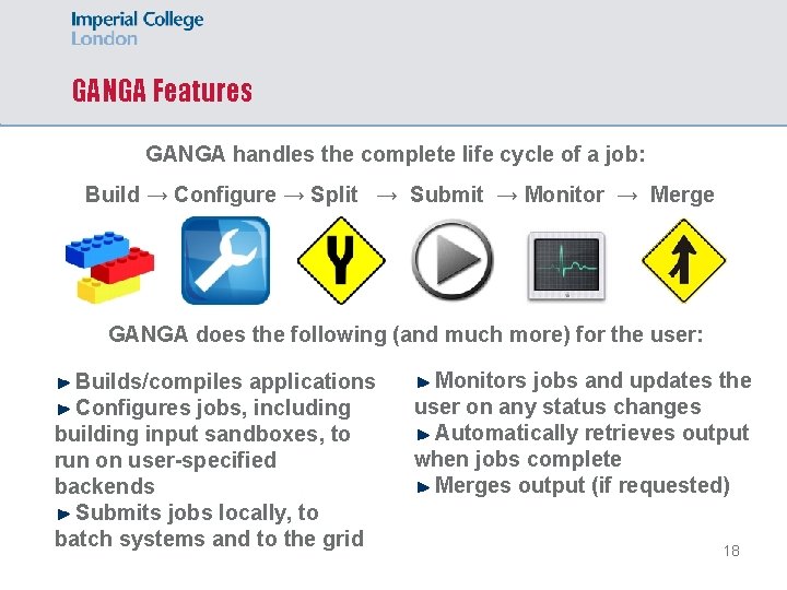 GANGA Features GANGA handles the complete life cycle of a job: Build → Configure