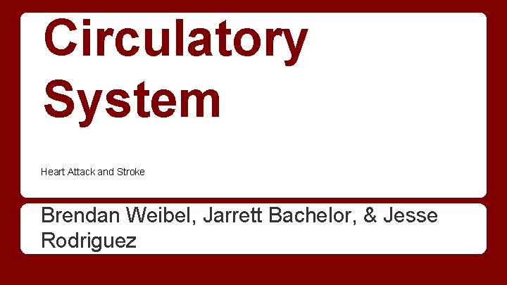 Circulatory System Heart Attack and Stroke Brendan Weibel, Jarrett Bachelor, & Jesse Rodriguez 