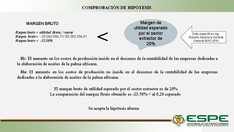 COMPROBACIÓN DE HIPÓTESIS MARGEN BRUTO Margen bruto = utilidad Bruta / ventas Margen bruto=