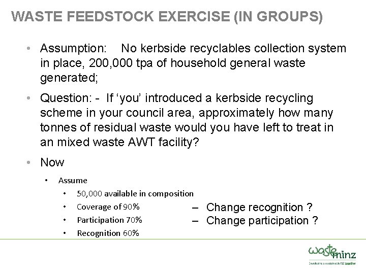 WASTE FEEDSTOCK EXERCISE (IN GROUPS) • Assumption: No kerbside recyclables collection system in place,