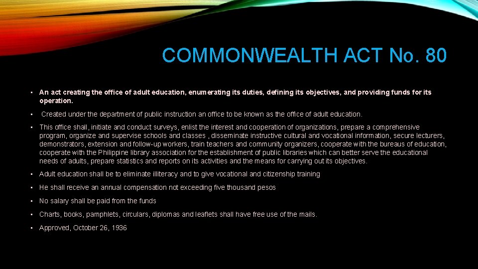 COMMONWEALTH ACT No. 80 • An act creating the office of adult education, enumerating