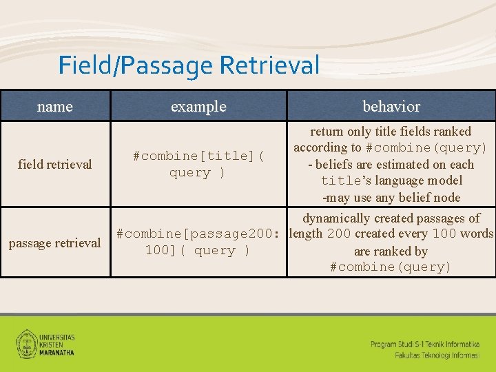 Field/Passage Retrieval name field retrieval passage retrieval example behavior return only title fields ranked