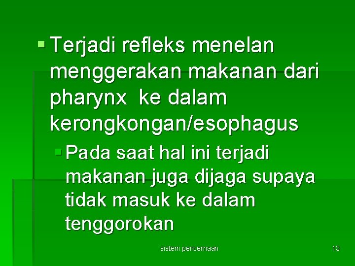 § Terjadi refleks menelan menggerakan makanan dari pharynx ke dalam kerongkongan/esophagus § Pada saat