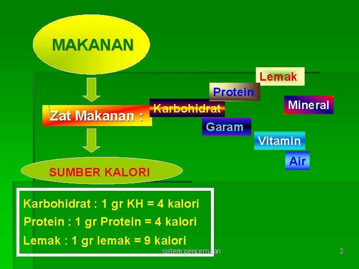 MAKANAN Lemak Zat Makanan : Protein Karbohidrat Mineral Garam Vitamin Air SUMBER KALORI Karbohidrat