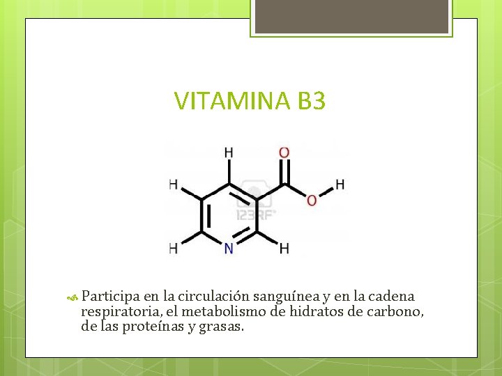 VITAMINA B 3 Participa en la circulación sanguínea y en la cadena respiratoria, el