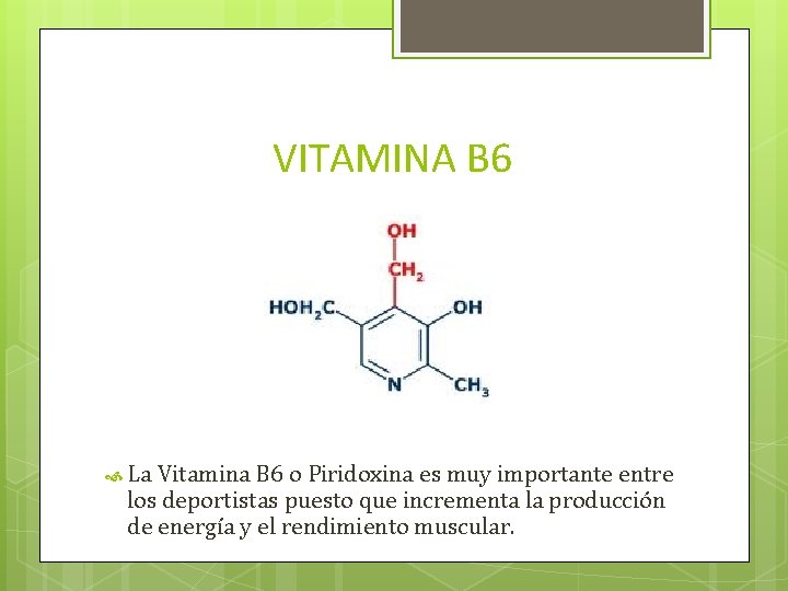 VITAMINA B 6 La Vitamina B 6 o Piridoxina es muy importante entre los