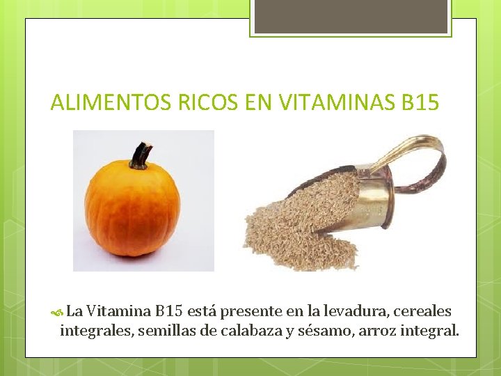 ALIMENTOS RICOS EN VITAMINAS B 15 La Vitamina B 15 está presente en la