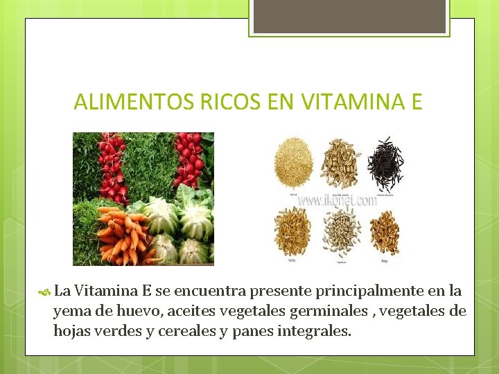 ALIMENTOS RICOS EN VITAMINA E La Vitamina E se encuentra presente principalmente en la