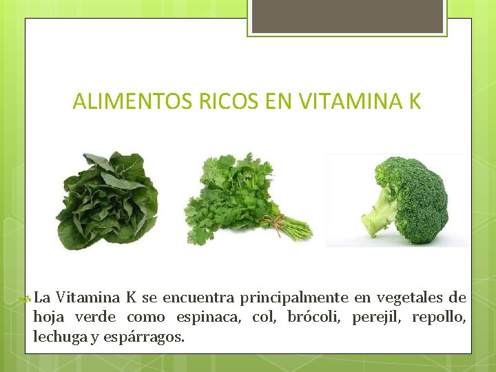 ALIMENTOS RICOS EN VITAMINA K La Vitamina K se encuentra principalmente en vegetales de