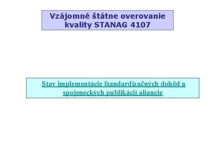 Vzájomné štátne overovanie kvality STANAG 4107 Stav implementácie štandardizačných dohôd a spojeneckých publikácií aliancie