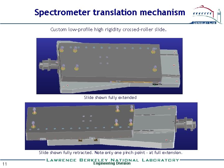 Spectrometer translation mechanism Custom low-profile high rigidity crossed-roller slide. Slide shown fully extended Slide