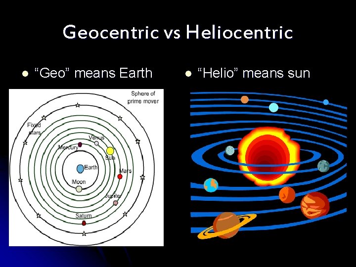 Geocentric vs Heliocentric l “Geo” means Earth l “Helio” means sun 