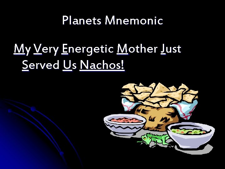 Planets Mnemonic My Very Energetic Mother Just Served Us Nachos! 