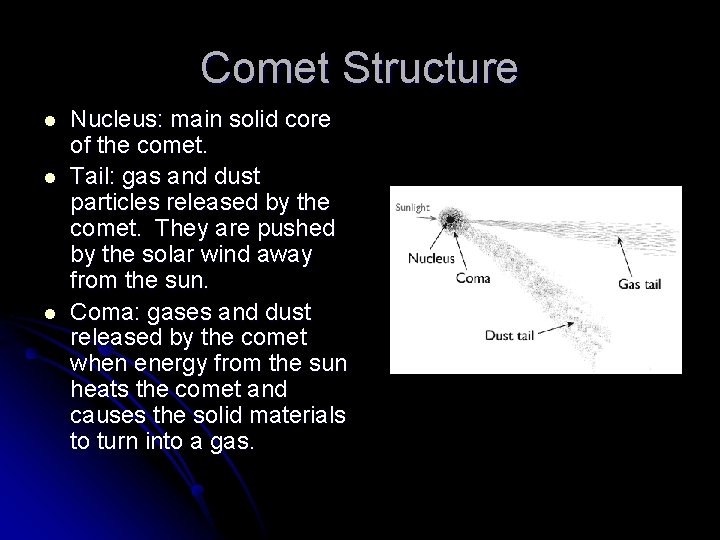 Comet Structure l l l Nucleus: main solid core of the comet. Tail: gas