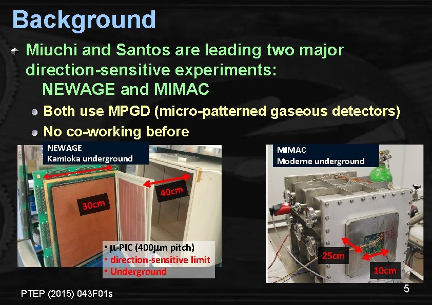 Background Miuchi and Santos are leading two major direction-sensitive experiments: 　NEWAGE and MIMAC Both