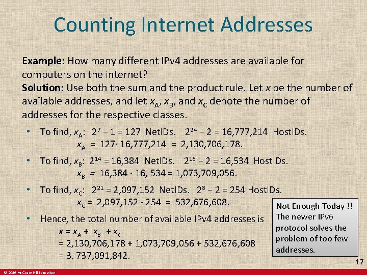 Counting Internet Addresses Example: How many different IPv 4 addresses are available for computers