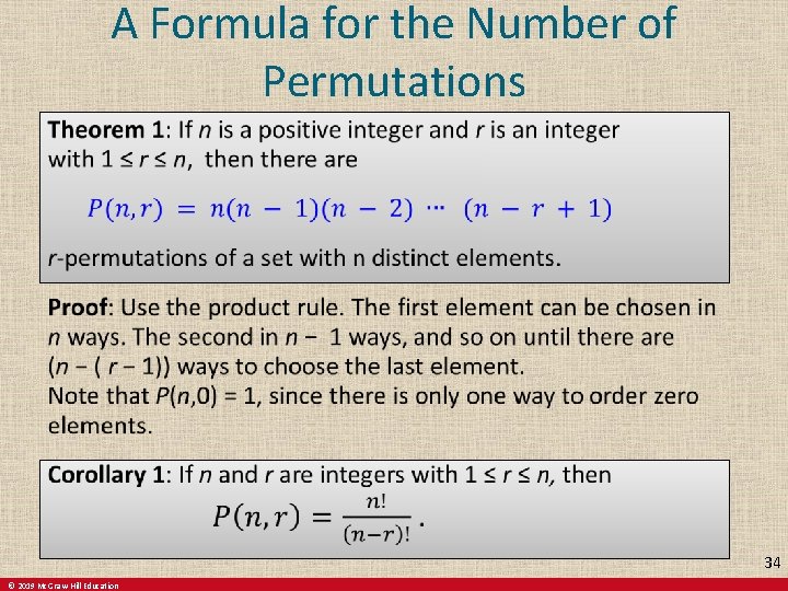 A Formula for the Number of Permutations 34 © 2019 Mc. Graw-Hill Education 