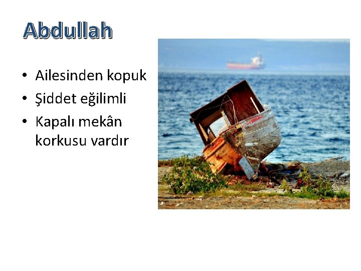 Abdullah • Ailesinden kopuk • Şiddet eğilimli • Kapalı mekân korkusu vardır 