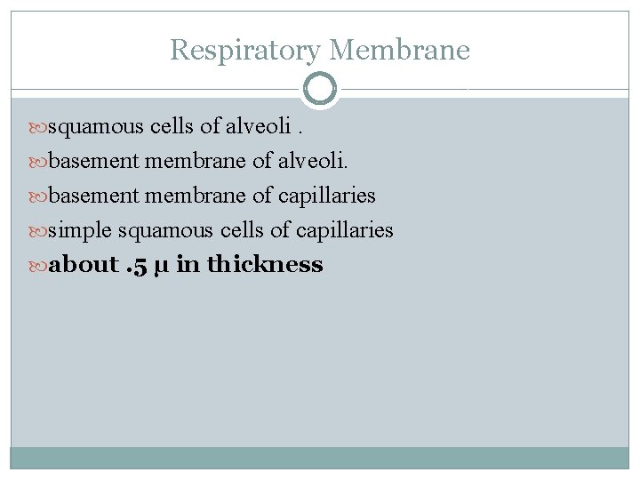 Respiratory Membrane squamous cells of alveoli. basement membrane of capillaries simple squamous cells of