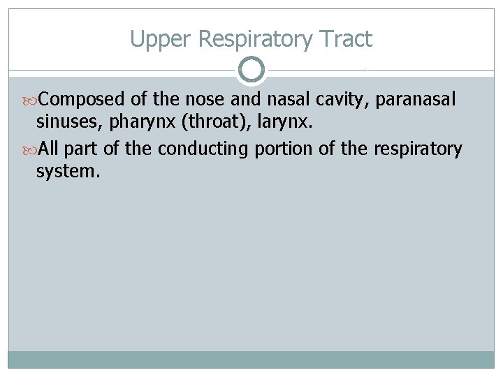 Upper Respiratory Tract Composed of the nose and nasal cavity, paranasal sinuses, pharynx (throat),