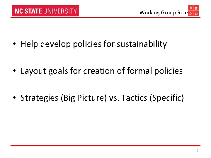 Working Group Role • Help develop policies for sustainability • Layout goals for creation