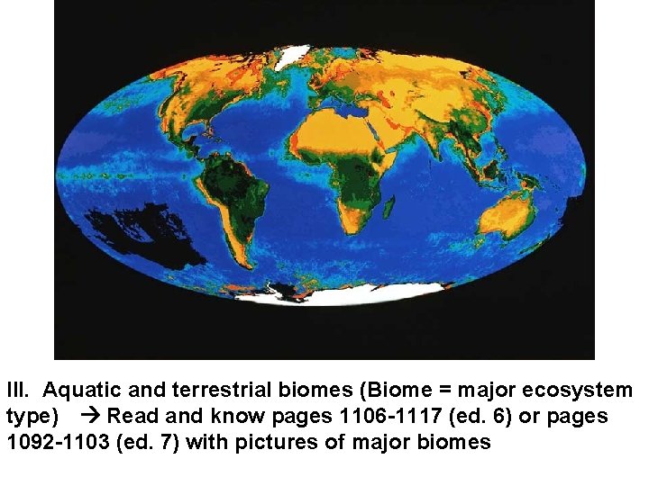 III. Aquatic and terrestrial biomes (Biome = major ecosystem type) Read and know pages