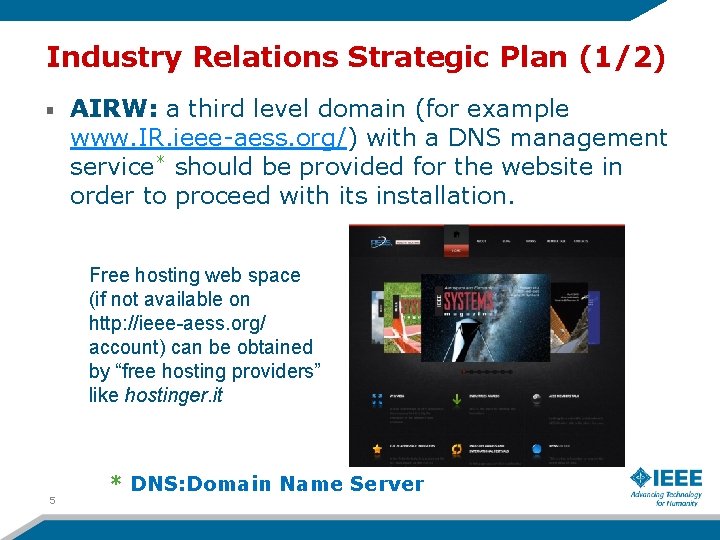 Industry Relations Strategic Plan (1/2) AIRW: a third level domain (for example www. IR.