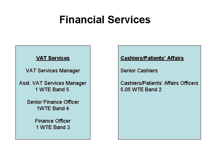 Financial Services VAT Services Manager Asst. VAT Services Manager 1 WTE Band 5 Senior