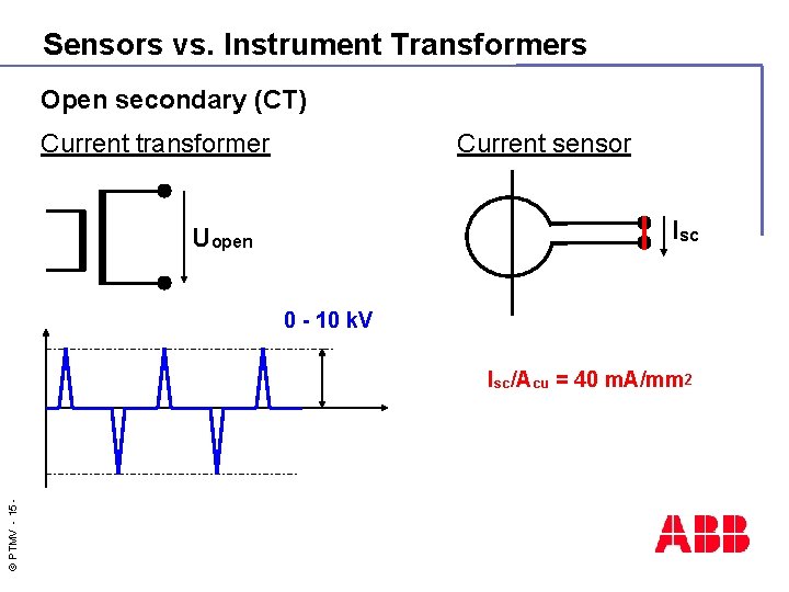 Sensors vs. Instrument Transformers Open secondary (CT) Current transformer Current sensor Isc Uopen 0