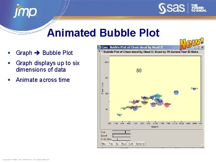 Animated Bubble Plot § Graph displays up to six dimensions of data § Animate