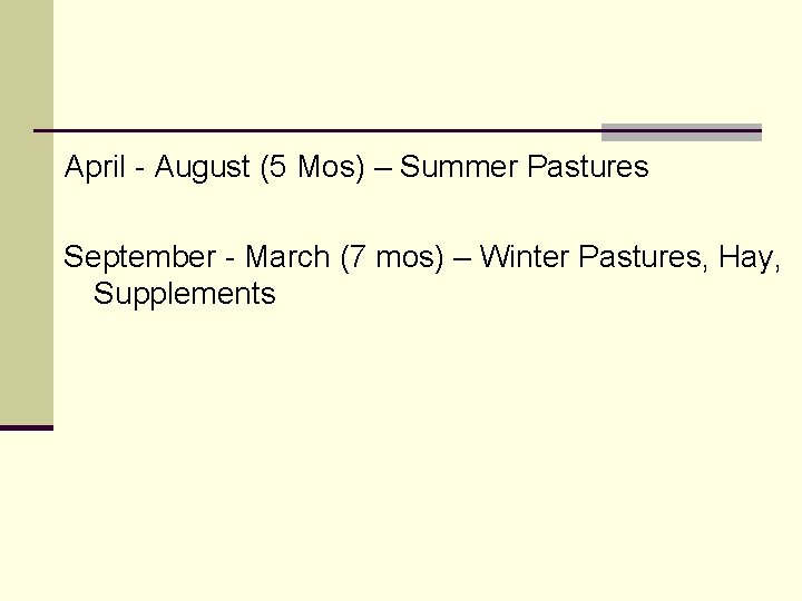 April - August (5 Mos) – Summer Pastures September - March (7 mos) –
