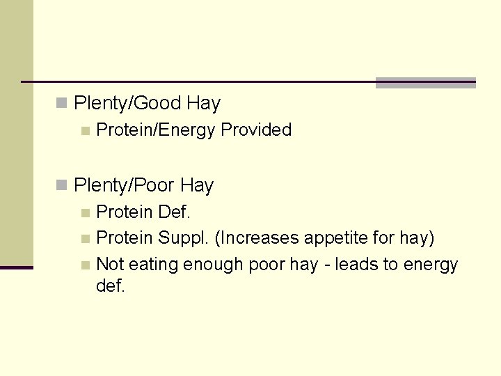 n Plenty/Good Hay n Protein/Energy Provided n Plenty/Poor Hay n Protein Def. n Protein