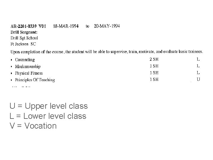 U = Upper level class L = Lower level class V = Vocation 