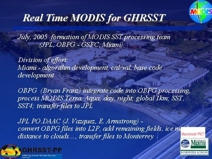 Real Time MODIS for GHRSST July, 2005 formation of MODIS SST processing team (JPL,