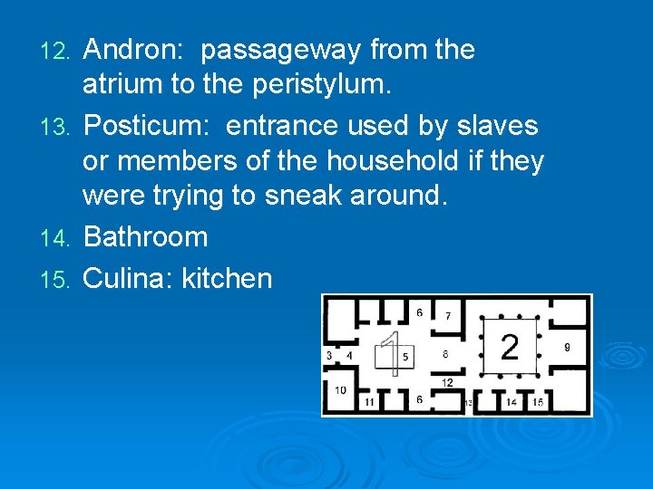 Andron: passageway from the atrium to the peristylum. 13. Posticum: entrance used by slaves