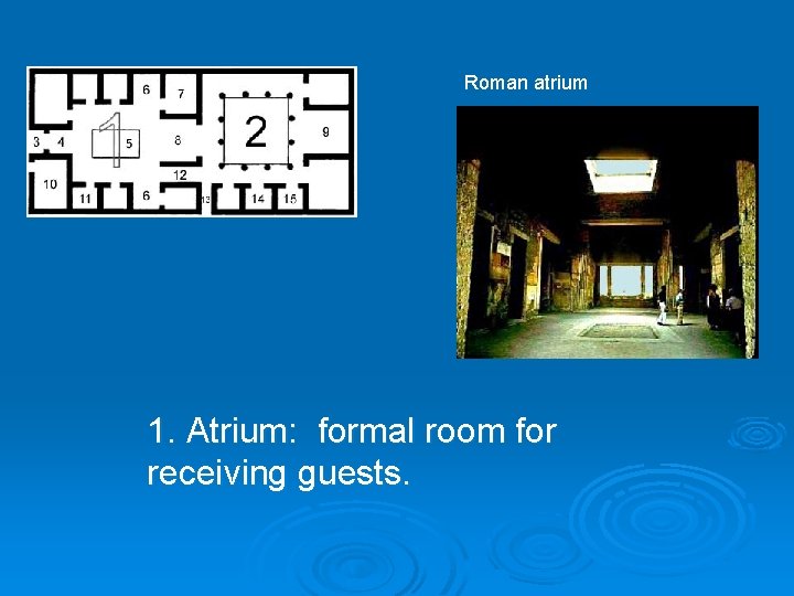 Roman atrium 1. Atrium: formal room for receiving guests. 