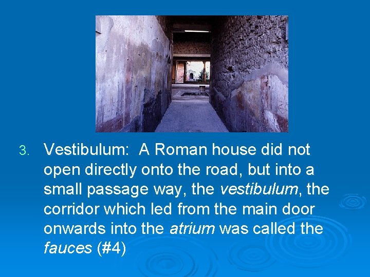 3. Vestibulum: A Roman house did not open directly onto the road, but into