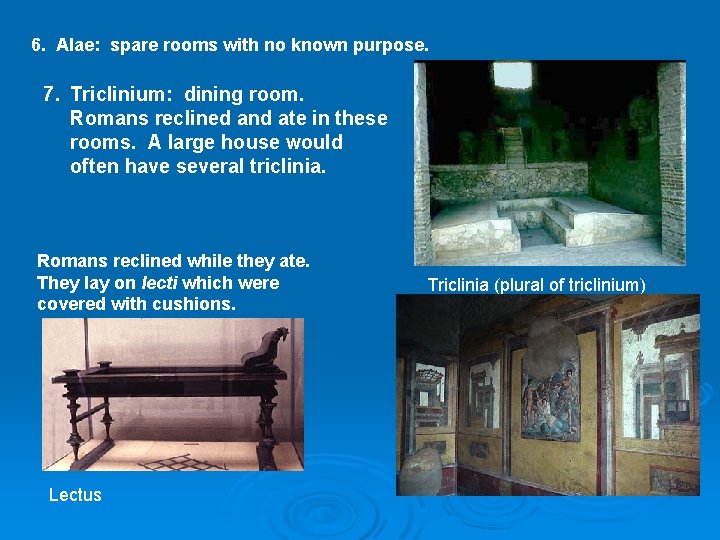 6. Alae: spare rooms with no known purpose. 7. Triclinium: dining room. Romans reclined