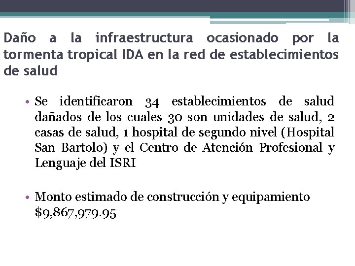 Daño a la infraestructura ocasionado por la tormenta tropical IDA en la red de