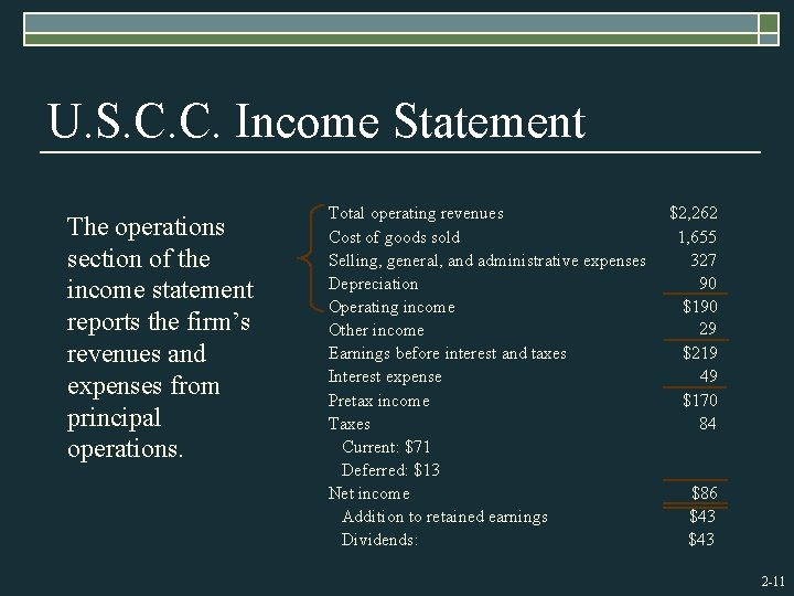 U. S. C. C. Income Statement The operations section of the income statement reports