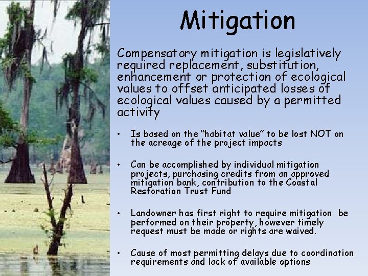 Mitigation Compensatory mitigation is legislatively required replacement, substitution, enhancement or protection of ecological values Mitigation Compensatory mitigation is legislatively required replacement, substitution, enhancement or protection of ecological values