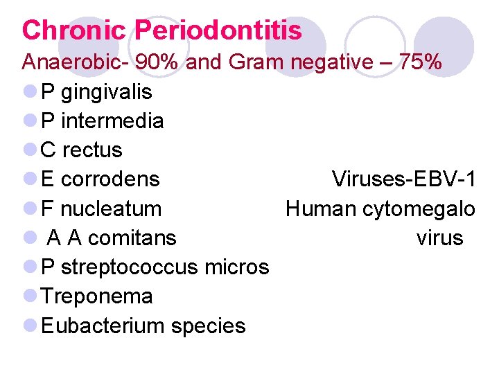 Chronic Periodontitis Anaerobic- 90% and Gram negative – 75% l P gingivalis l P Chronic Periodontitis Anaerobic- 90% and Gram negative – 75% l P gingivalis l P