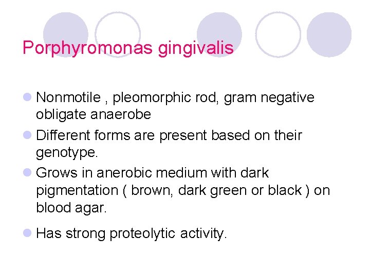 Porphyromonas gingivalis l Nonmotile , pleomorphic rod, gram negative obligate anaerobe l Different forms Porphyromonas gingivalis l Nonmotile , pleomorphic rod, gram negative obligate anaerobe l Different forms