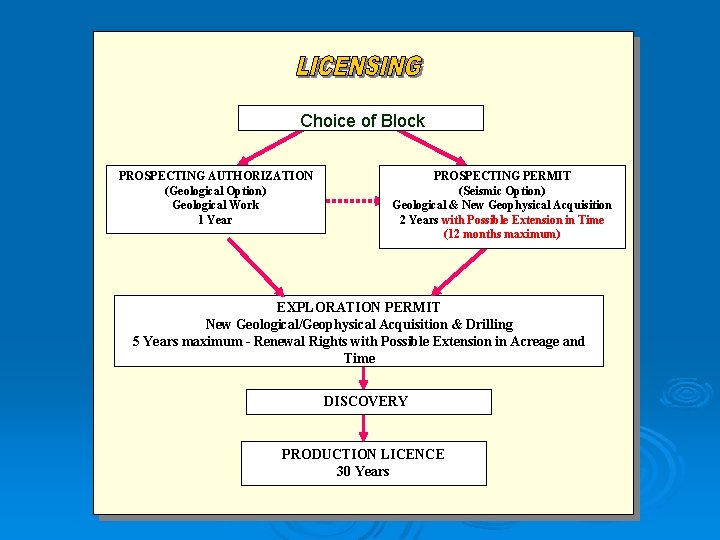 Choice of Block PROSPECTING AUTHORIZATION (Geological Option) Geological Work 1 Year PROSPECTING PERMIT (Seismic