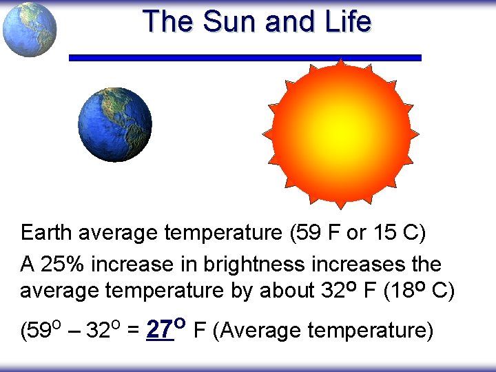 The Sun and Life Earth average temperature (59 F or 15 C) A 25%