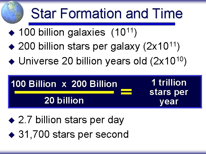 Star Formation and Time u u u 100 billion galaxies (1011) 200 billion stars
