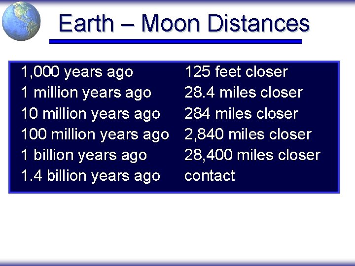 Earth – Moon Distances 1, 000 years ago 1 million years ago 100 million