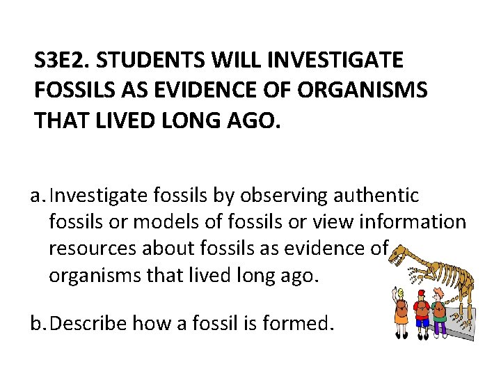 S 3 E 2. STUDENTS WILL INVESTIGATE FOSSILS AS EVIDENCE OF ORGANISMS THAT LIVED