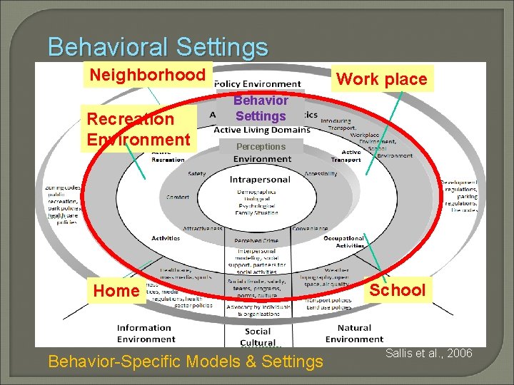 Behavioral Settings Policy Neighborhood Recreation Environment Work place Behavior Settings Perceptions Home Behavior-Specific Models