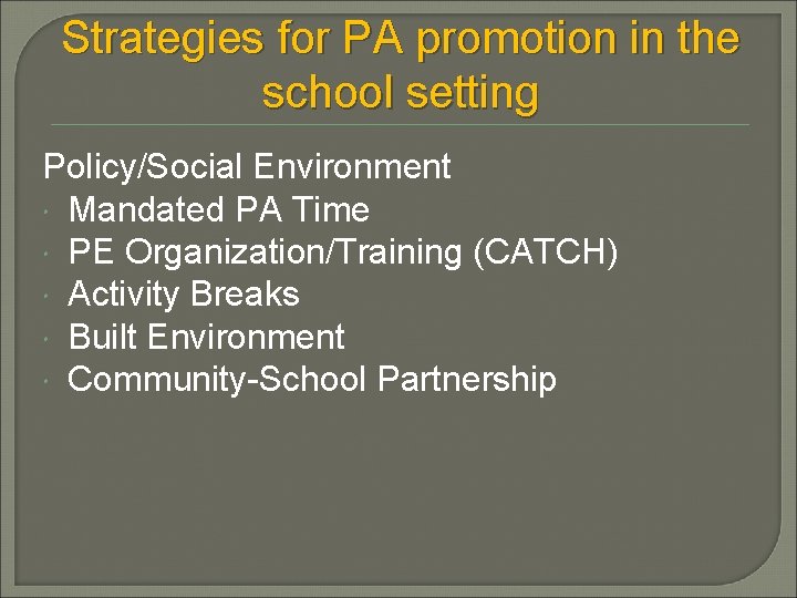 Strategies for PA promotion in the school setting Policy/Social Environment Mandated PA Time PE